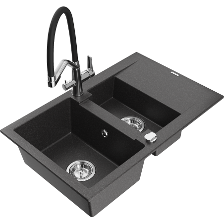 Mexen Gaspar 1.5-bowl granite kitchen sink with drainer and Duo kitchen tap, black speckled - 6507-76-671701-07