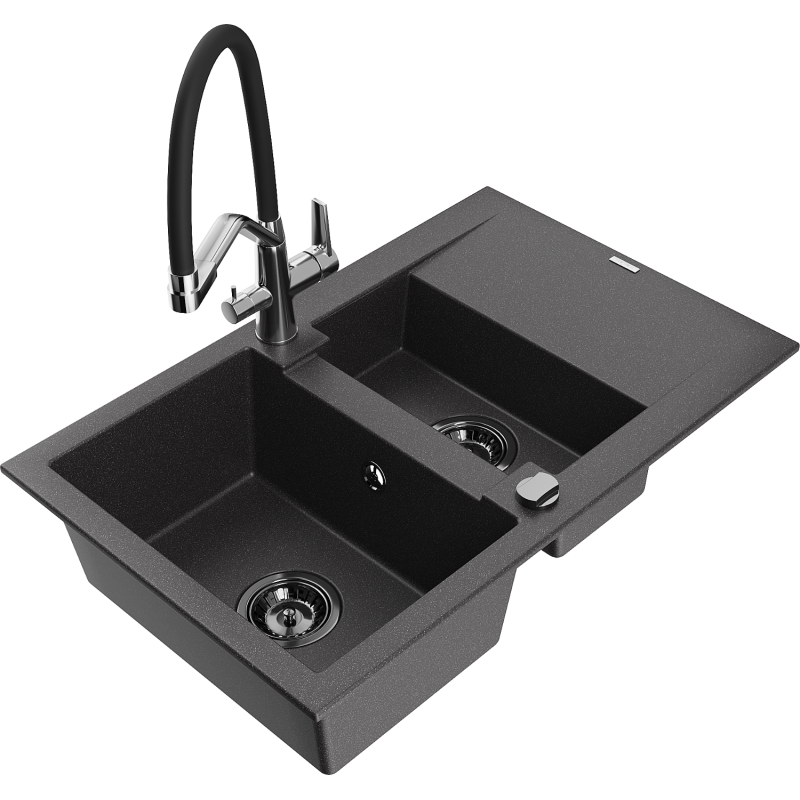 Mexen Gaspar granite sink 1.5-bowl with drainer and Duo kitchen tap, speckled black - 6507-76-671701-07-B