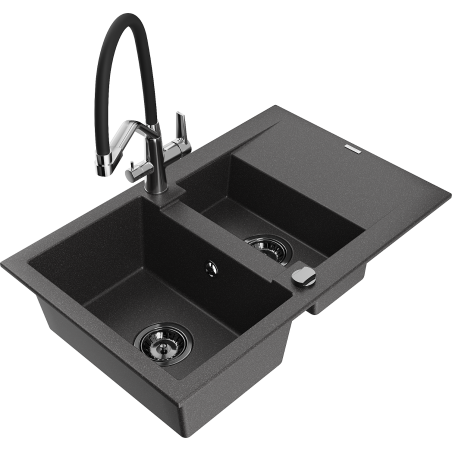 Mexen Gaspar granite sink 1.5-bowl with drainer and Duo kitchen tap, speckled black - 6507-76-671701-07-B