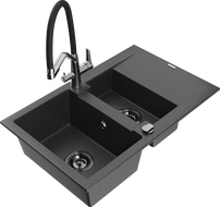 Mexen Gaspar granite sink 1.5-bowl with drainer and Duo kitchen tap, speckled black - 6507-76-671701-07-B