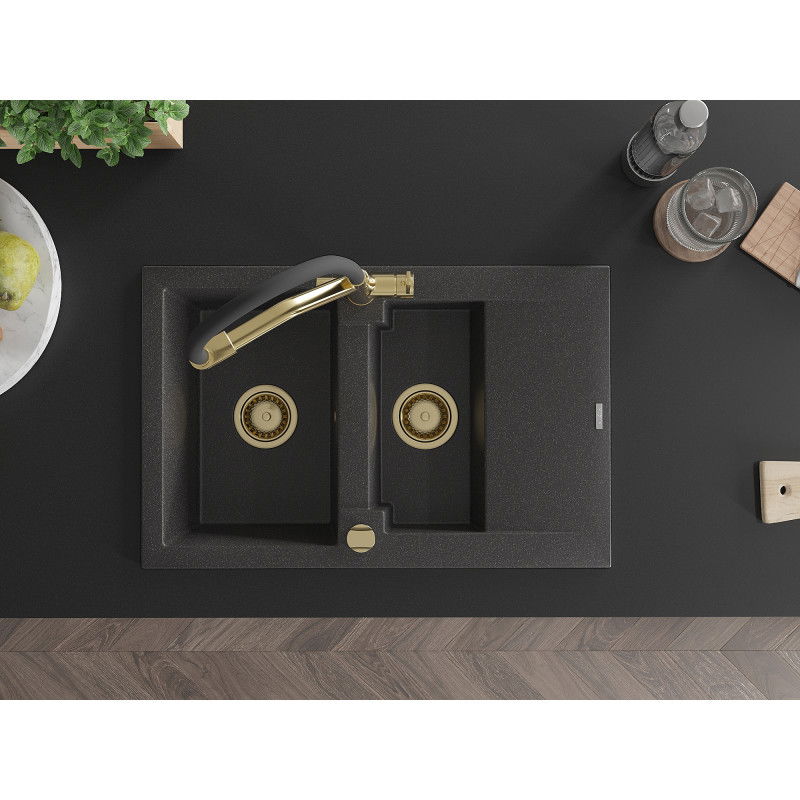 Mexen Gaspar fregadero de granito de 1,5 cubetas con escurridor y grifo de cocina Duo, negro moteado - 6507-76-671701-57-G