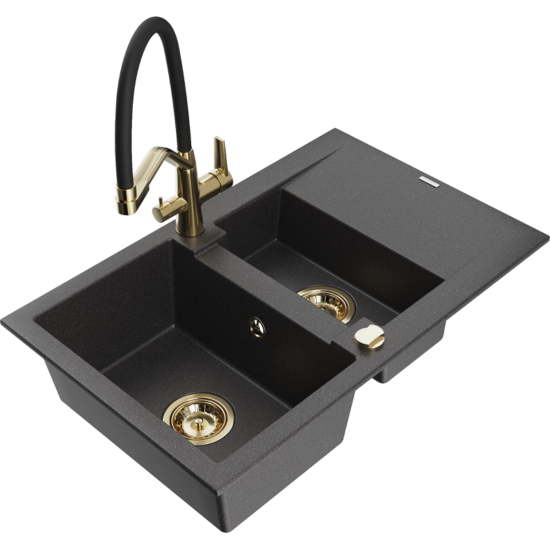 Mexen Gaspar granite sink 1.5-bowl with drainer and Duo kitchen tap, black speckled - 6507-76-671701-57-G