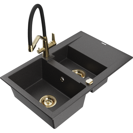 Mexen Gaspar granite sink 1.5-bowl with drainer and Duo kitchen tap, black speckled - 6507-76-671701-57-G