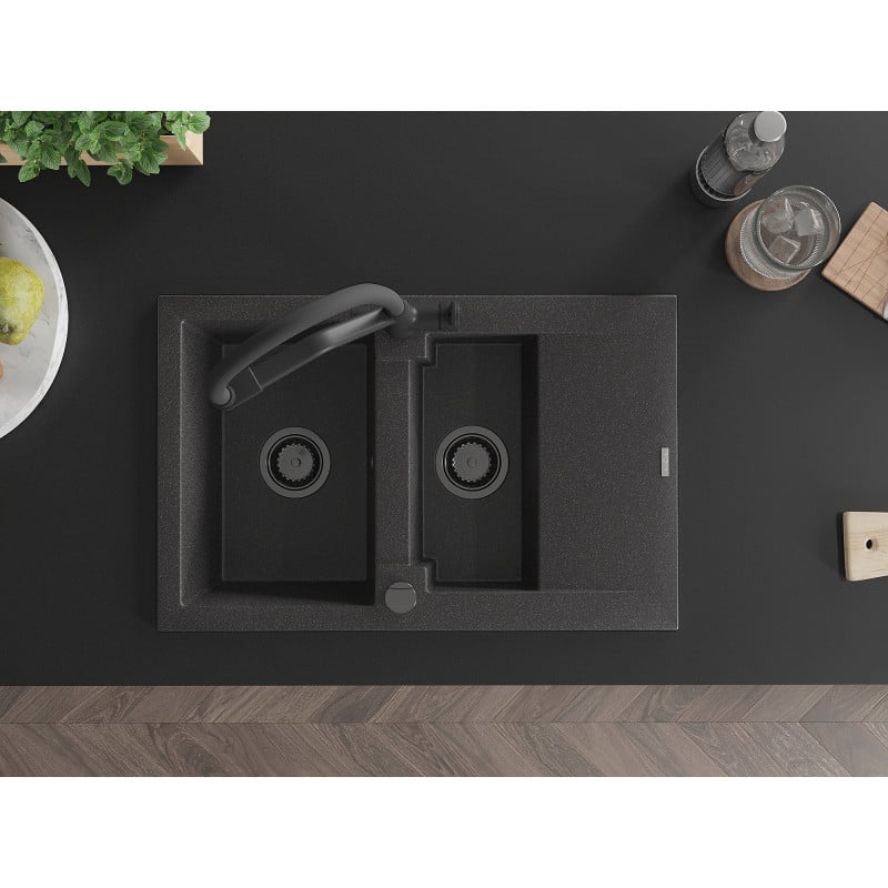 Mexen Gaspar Granitspüle 1,5-Becken mit Abtropffläche und Küchenarmatur Duo, schwarz gesprenkelt - 6507-76-671701-70-B