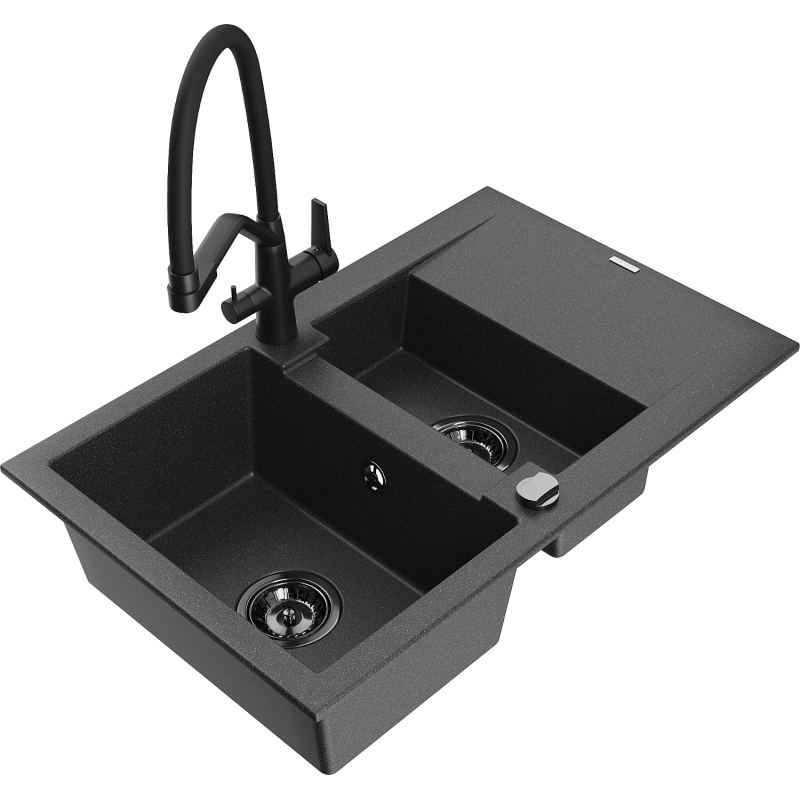 Mexen Gaspar fregadero de granito de 1,5 cubetas con escurridor y grifo de cocina Duo, negro moteado - 6507-76-671701-70-B