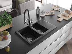 Mexen Gaspar Granitspüle 1,5-fach mit Abtropffläche und Küchenarmatur Duo, schwarz - 6507-77-671701-07