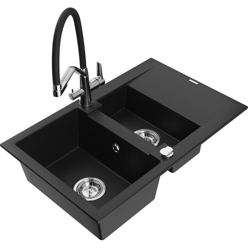 Mexen Gaspar granite sink 1.5-bowl with drainer and Duo kitchen tap, black - 6507-77-671701-07