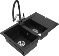 Mexen Gaspar Granitspüle 1,5-fach mit Abtropffläche und Küchenarmatur Duo, schwarz - 6507-77-671701-07