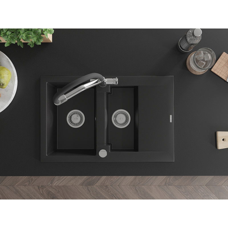 Mexen Gaspar granite sink 1.5-bowl with drainer and Duo kitchen tap, black - 6507-77-671701-07