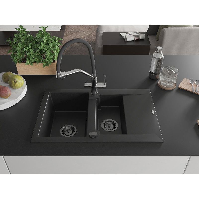 Mexen Gaspar granite sink 1.5-basin with drainer and Duo kitchen tap, black - 6507-77-671701-07-B