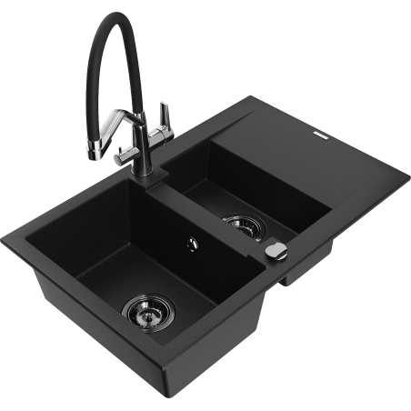 Mexen Gaspar lavello in granito 1,5 vasca con sgocciolatoio e miscelatore Duo, nero - 6507-77-671701-07-B