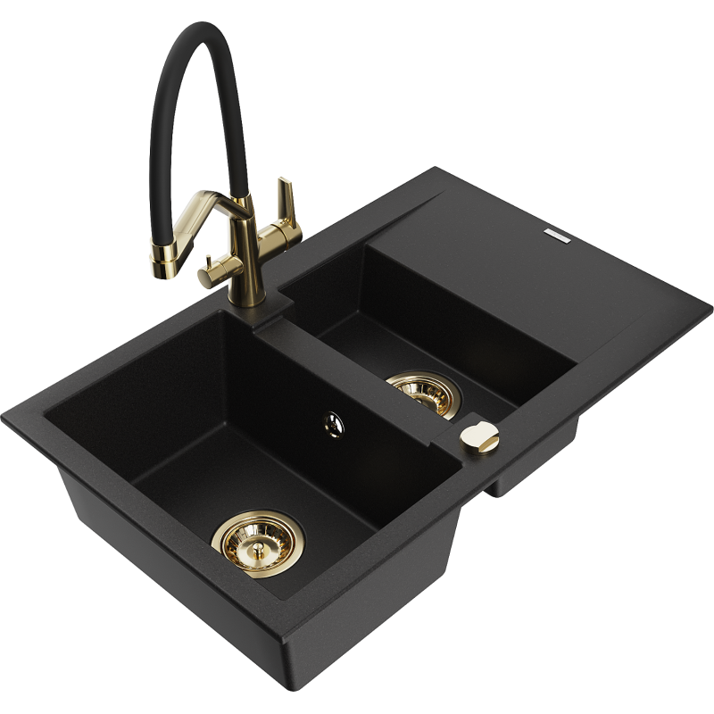 Mexen Gaspar Granitdiskbänk 1,5-kammare med avloppsplatta och Duo köksblandare, svart - 6507-77-671701-57-G