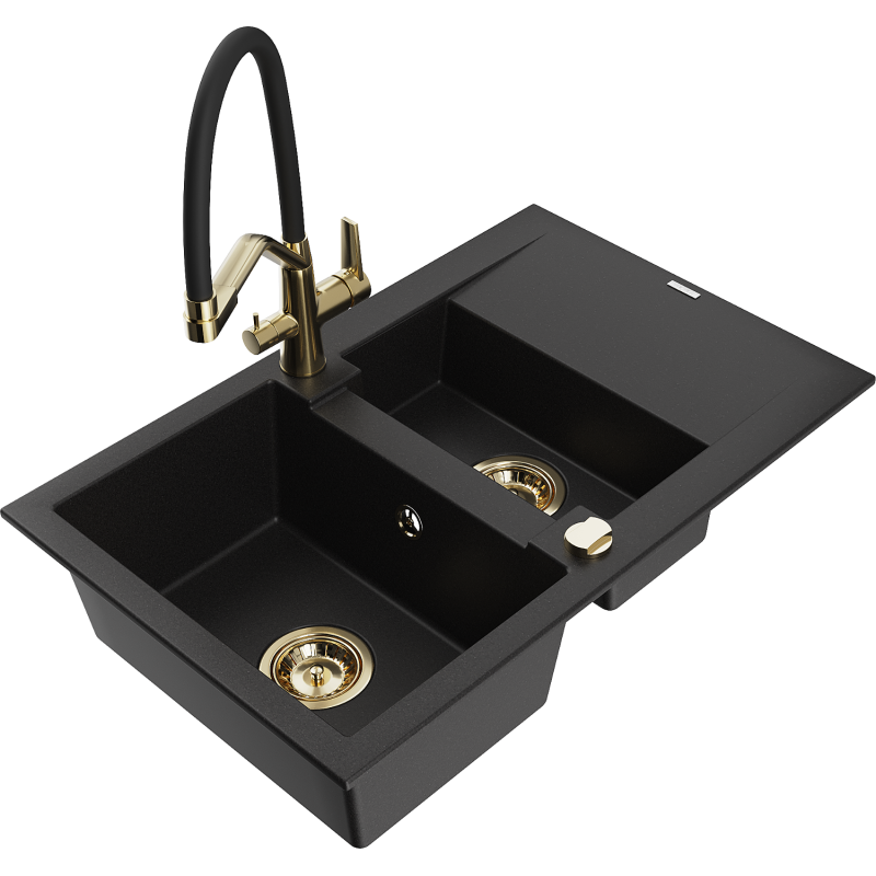 Mexen Gaspar granite sink 1.5-bowl with drainer and Duo kitchen tap, black - 6507-77-671701-57-G