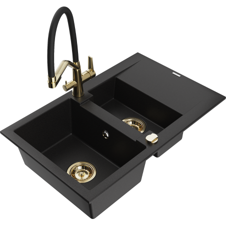 Mexen Gaspar granite sink 1.5-bowl with drainer and Duo kitchen tap, black - 6507-77-671701-57-G