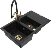 Mexen Gaspar granite sink 1.5-bowl with drainer and Duo kitchen tap, black - 6507-77-671701-57-G