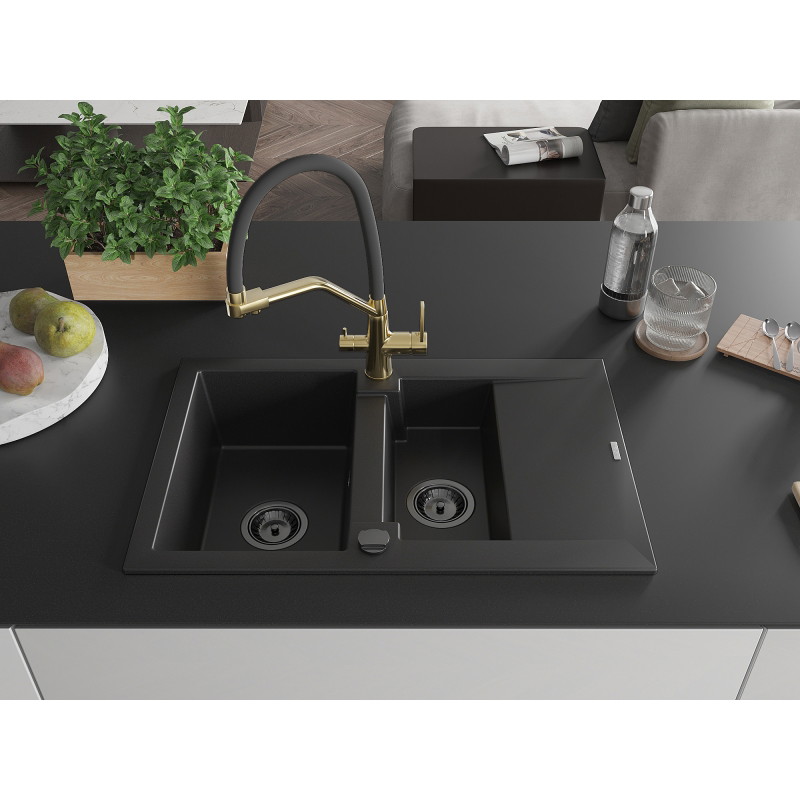 Mexen Gaspar fregadero de granito de 1,5 senos con escurridor y grifo de cocina Duo, negro - 6507-77-671701-57-B