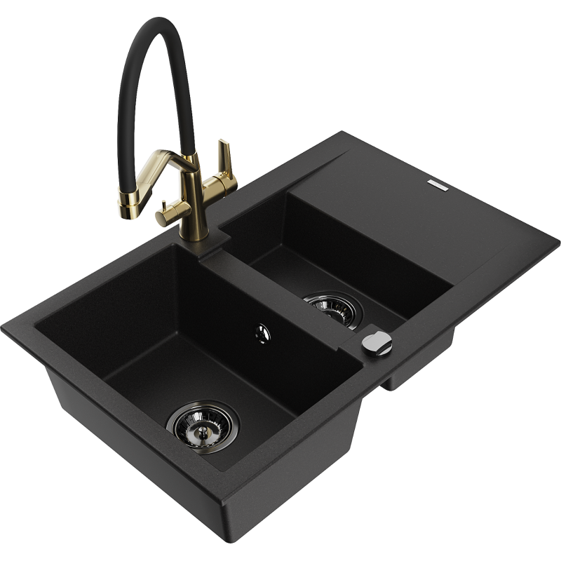 Mexen Gaspar fregadero de granito de 1,5 cubetas con escurridor y grifo de cocina Duo, negro - 6507-77-671701-57-B