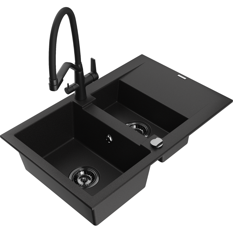 Mexen Gaspar fregadero de granito 1,5 cubetas con escurridor y grifo de cocina Duo, negro - 6507-77-671701-70-B