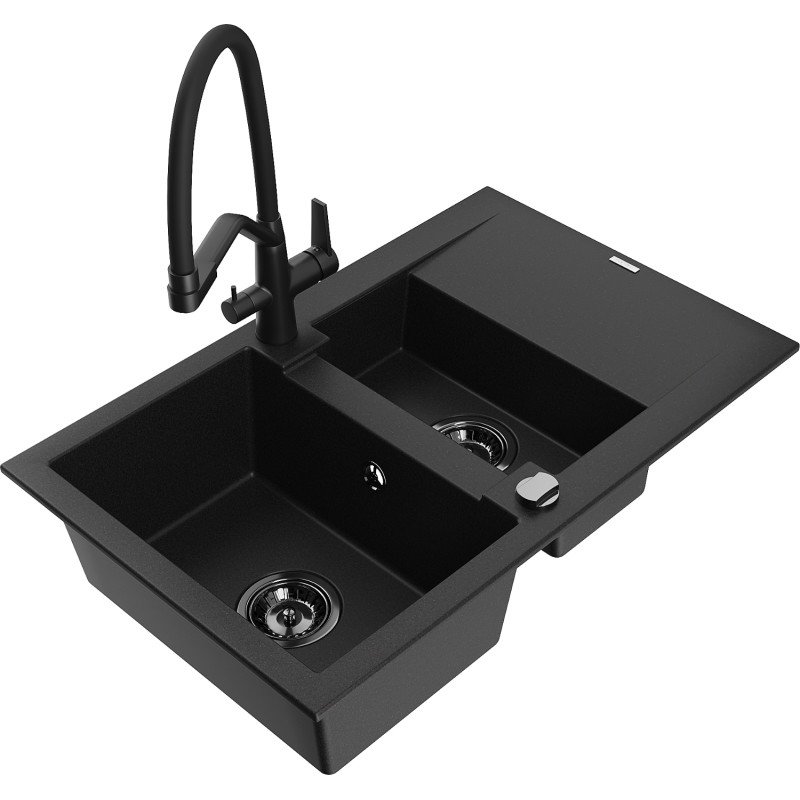 Mexen Gaspar fregadero de granito de 1,5 senos con escurridor y grifo de cocina Duo, negro - 6507-77-671701-70-B