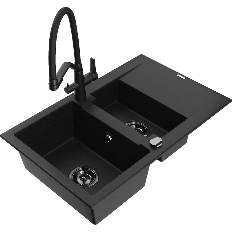 Mexen Gaspar granite sink 1.5-bowl with drainer and Duo kitchen tap, black - 6507-77-671701-70-B