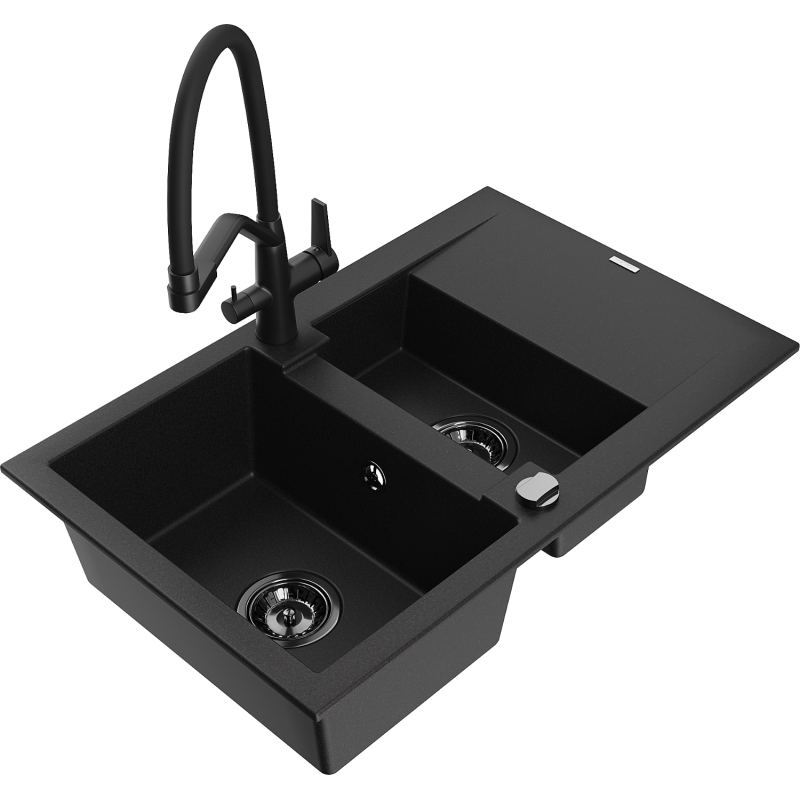 Mexen Gaspar lava-louça de granito 1,5-compar com escorredor e torneira de cozinha Duo, preto - 6507-77-671701-70-B
