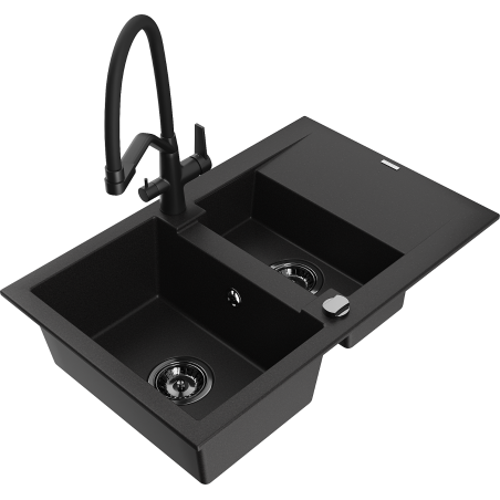 Mexen Gaspar 1.5-bowl black granite sink with drainer and Duo kitchen faucet - 6507-77-671701-70-B