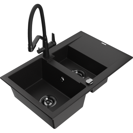 Mexen Gaspar fregadero de granito de 1,5 senos con escurridor y grifo de cocina Duo, negro - 6507-77-671701-70-B
