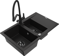 Mexen Gaspar 1.5-bowl black granite sink with drainer and Duo kitchen faucet - 6507-77-671701-70-B