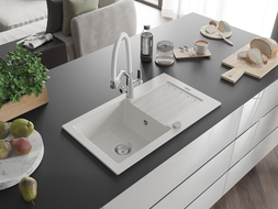 Mexen Pablo granite single-bowl sink with drainer and Duo kitchen tap, white - 6510-20-671701-02