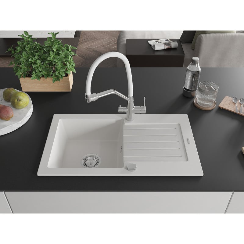 Mexen Pablo granite single-bowl sink with drainer and Duo kitchen tap, white - 6510-20-671701-02