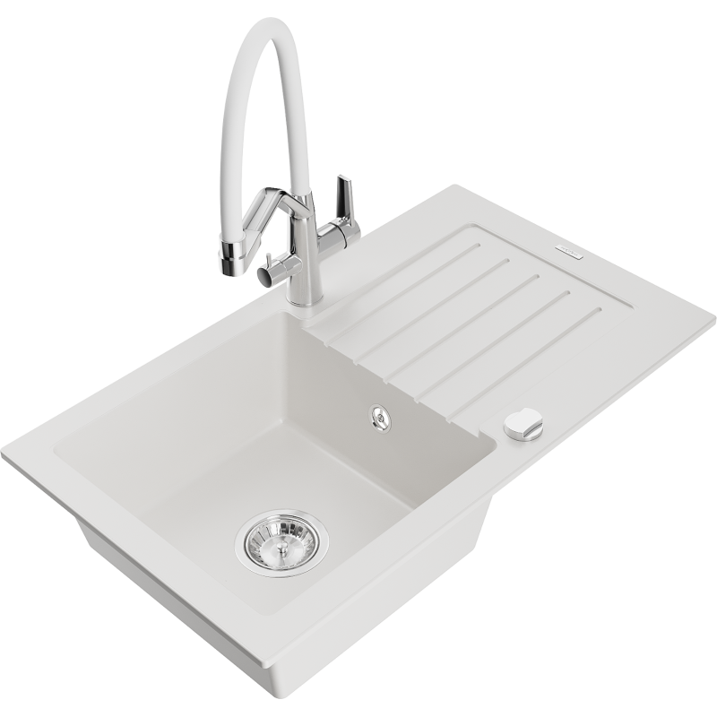 Mexen Pablo granite single-bowl sink with drainer and Duo kitchen tap, white - 6510-20-671701-02