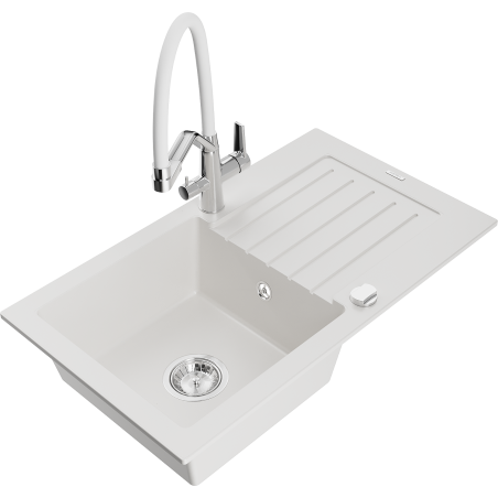 Mexen Pablo granite single-bowl sink with drainer and Duo kitchen tap, white - 6510-20-671701-02