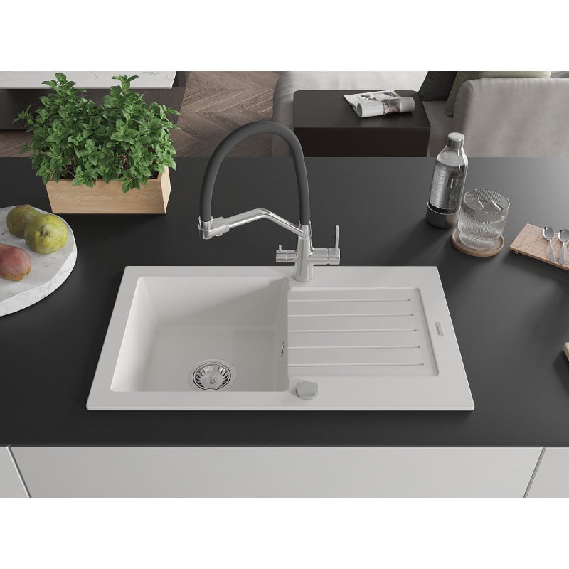 Mexen Pablo granite single-bowl sink with drainer and Duo kitchen tap, white - 6510-20-671701-07