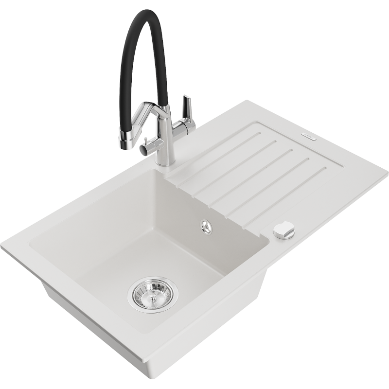 Mexen Pablo granite single-bowl sink with drainer and Duo kitchen tap, white - 6510-20-671701-07