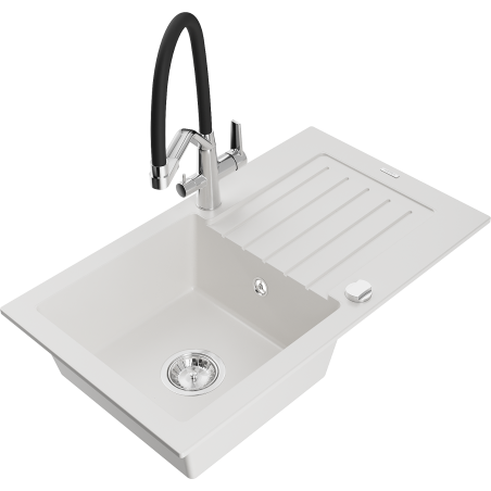Mexen Pablo granite single-bowl sink with drainer and Duo kitchen tap, white - 6510-20-671701-07