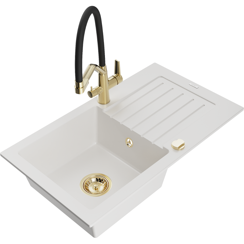 Mexen Pablo fregadero de granito de 1 cubeta con escurridor y grifo de cocina Duo, blanco - 6510-20-671701-57-G