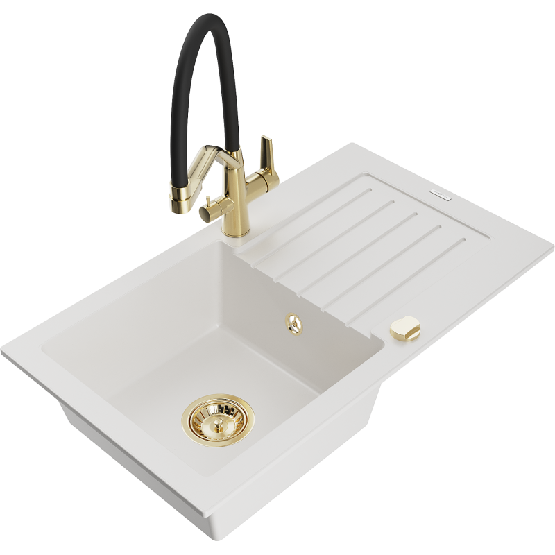 Mexen Pablo Graniittinen 1-altaallinen tiskiallas valutusalueella ja keittiöhanalla Duo, valkoinen - 6510-20-671701-57-G