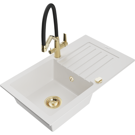 Mexen Pablo granite sink 1-bowl with drainer and kitchen tap Duo, white - 6510-20-671701-57-G