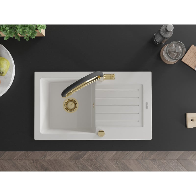 Mexen Pablo fregadero de granito de 1 cubeta con escurridor y grifo de cocina Duo, blanco - 6510-20-671701-57-G
