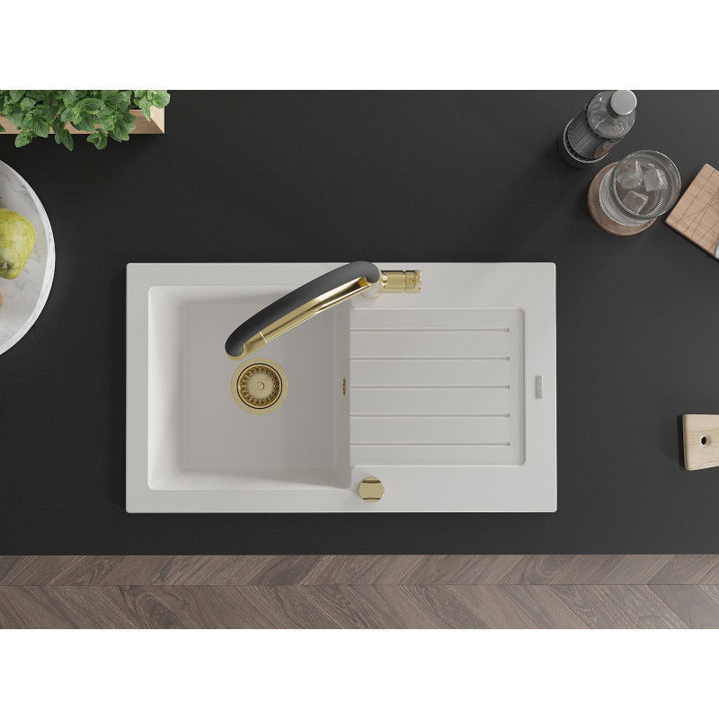 Mexen Pablo granite sink 1-bowl with drainer and kitchen tap Duo, white - 6510-20-671701-57-G