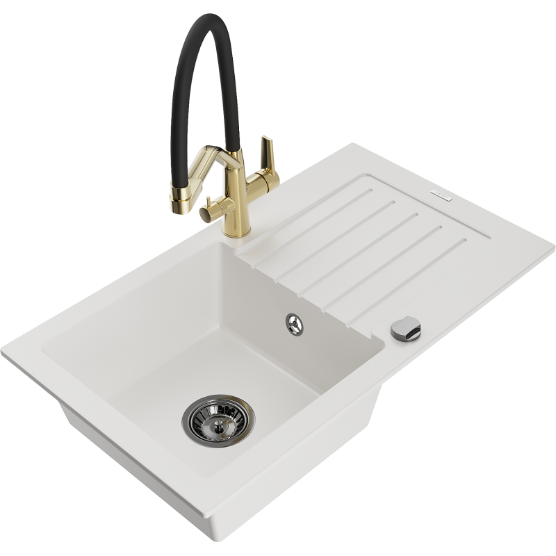 Mexen Pablo granitā izlietne ar 1 nodalījumu ar noteci un virtuves jaucējkrānu Duo, balta - 6510-20-671701-57-B