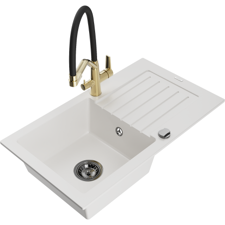 Mexen Pablo fregadero de granito de 1 compartimento con escurridor y grifo de cocina Duo, blanco - 6510-20-671701-57-B