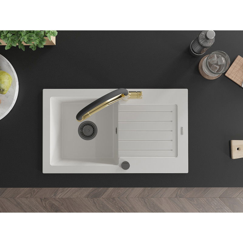 Mexen Pablo granitdiskho med en skål med avtappningsbricka och Duo köksblandare, vit - 6510-20-671701-57-B