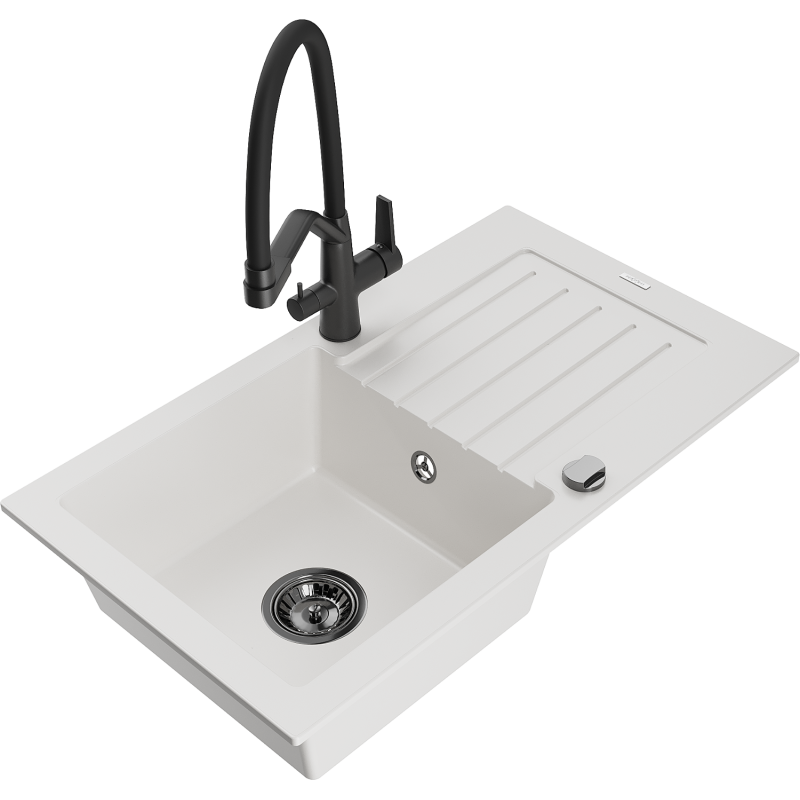 Mexen Pablo 1-bowl granite sink with drainer and Duo kitchen tap, white - 6510-20-671701-70-B