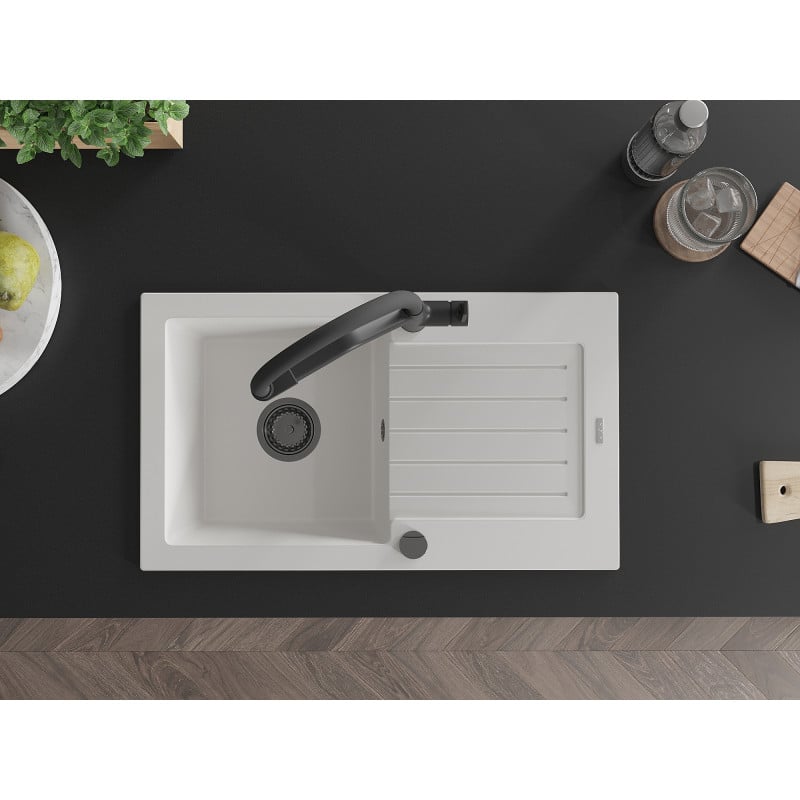 Mexen Pablo 1-bowl granite sink with drainer and Duo kitchen tap, white - 6510-20-671701-70-B