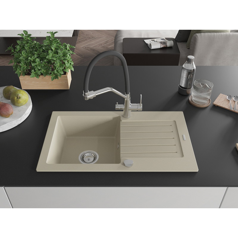 Mexen Pablo fregadero de granito de 1 compartimento con escurridor y grifo de cocina Duo, beige - 6510-69-671701-07