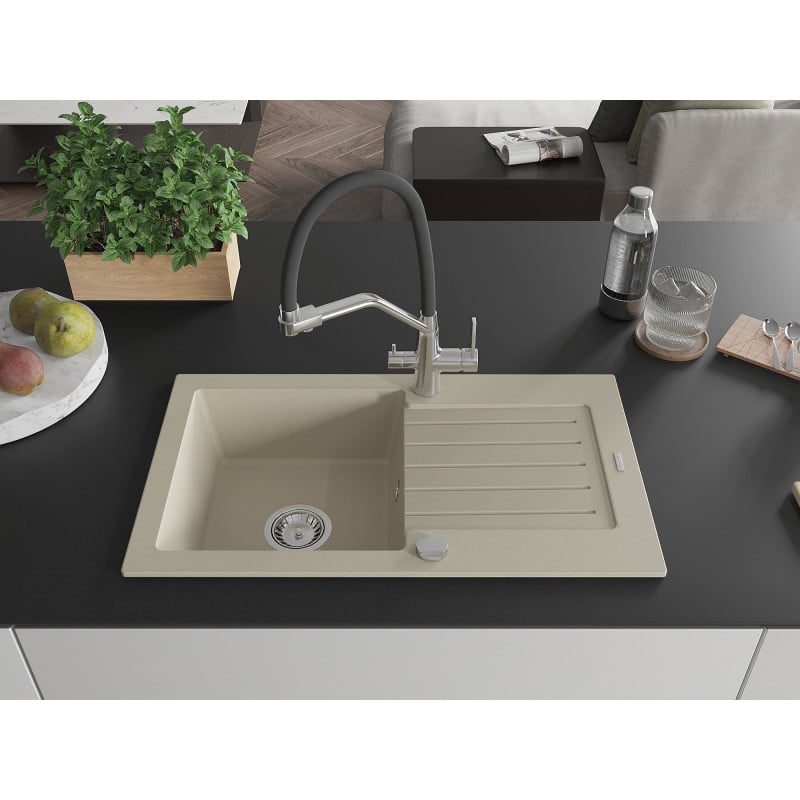 Mexen Pablo fregadero de granito de 1 seno con escurridor y grifo de cocina Duo, beige - 6510-69-671701-07