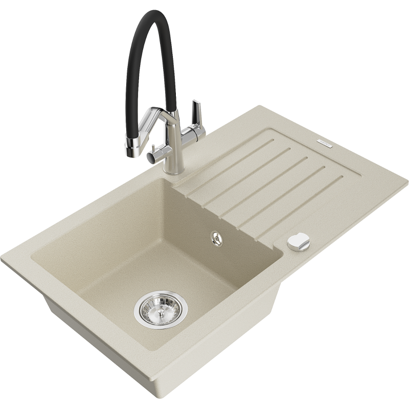 Mexen Pablo fregadero de granito de 1 seno con escurridor y grifo de cocina Duo, beige - 6510-69-671701-07
