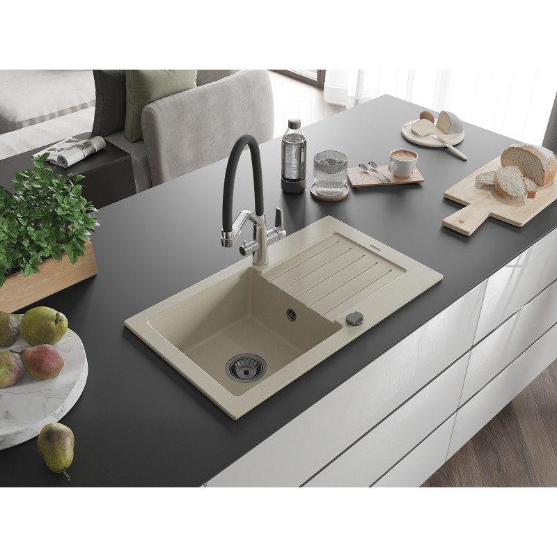 Mexen Pablo fregadero de granito de 1 cubeta con escurridor y grifo de cocina Duo, beige - 6510-69-671701-07-B