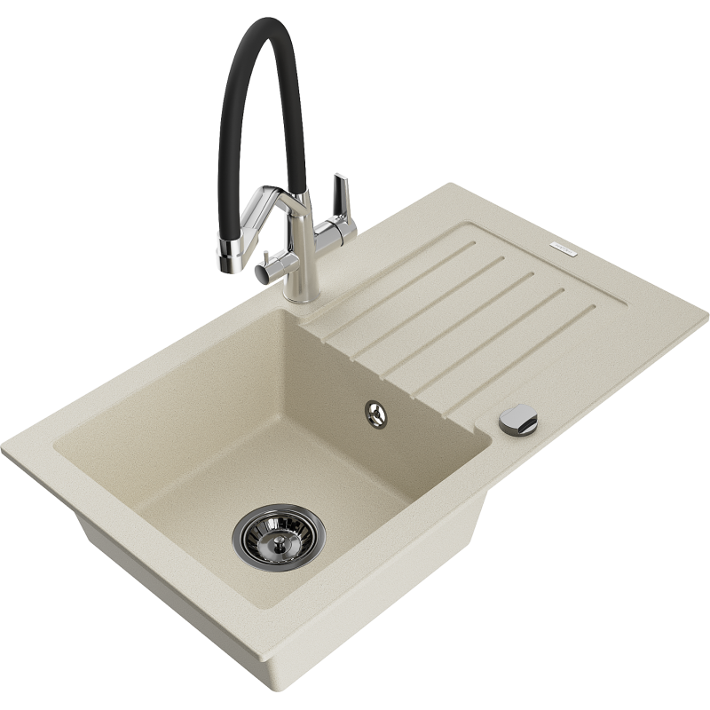 Mexen Pablo Granitspüle 1-becken mit Abtropffläche und Kücharmatur Duo, beige - 6510-69-671701-07-B